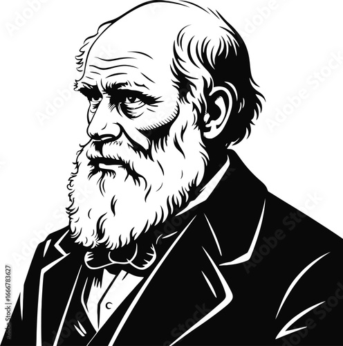 Black and White Illustration of Charles Darwin, Father of Evolutionary Theory