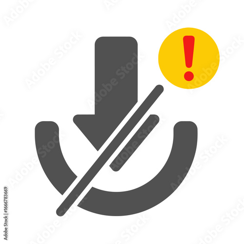 A grey download symbol crossed out by a red line, accompanied by a yellow warning sign, indicating an error or restriction.