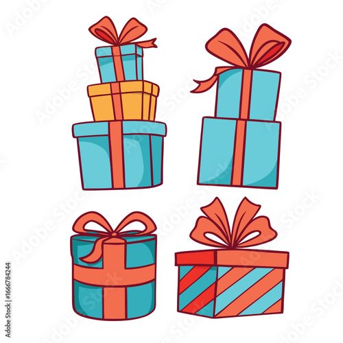 Stacked and single wrapped gifts with bows presents boxes