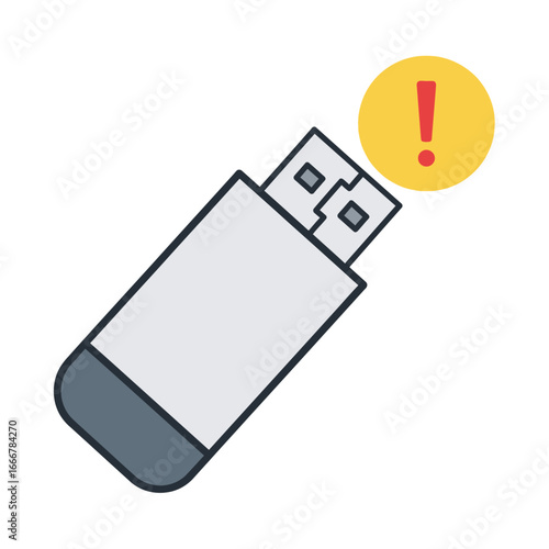 A USB flash drive icon with a yellow warning sign and red exclamation mark, indicating an error or alert.