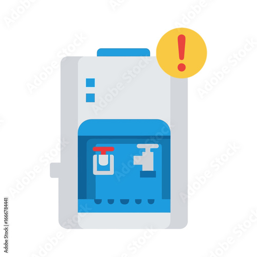 A stylized illustration of a water dispenser with a prominent warning symbol, indicating a potential issue.
