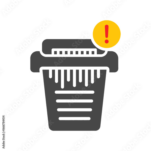 A stylized illustration of a document shredder with an exclamation point warning symbol.