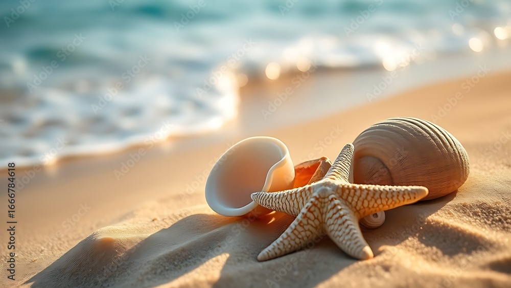 Obraz premium Seashells and starfish on sand, evoking tranquility of a tropical beach.