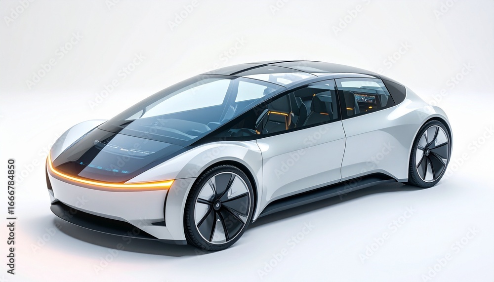 Fototapeta premium Futuristic concept electric car with sleek glass roof and glowing headlights isolated on white background advanced technology transport design 