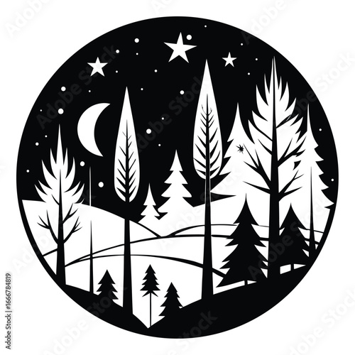 Minimalist Black and White Forest Scene Featuring Moon, Stars, and Evergreen Trees in Circle