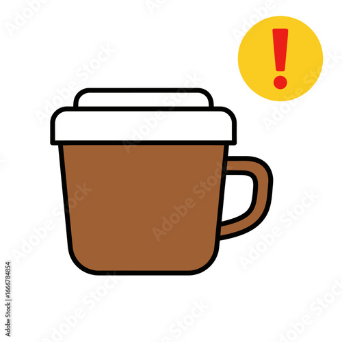 A stylized brown coffee cup with a lid and handle, accompanied by a yellow circle with a red exclamation point.