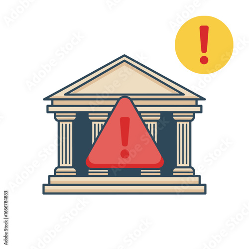Bank building with a red warning exclamation triangle, indicating a potential issue or alert.