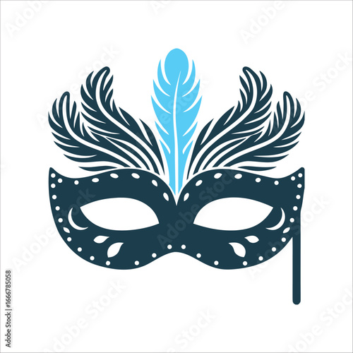 Feathered Mask Vector Illustration, Carnival Design Feathered Mask A minimalist mask with feather like strokes radiating from a crescent moon eye