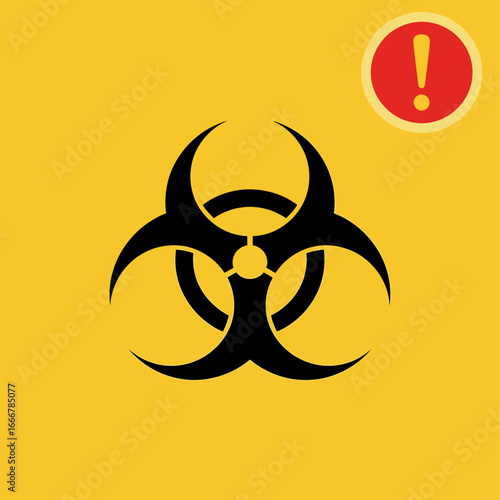 Black biohazard symbol on a bright yellow background with a red exclamation mark.