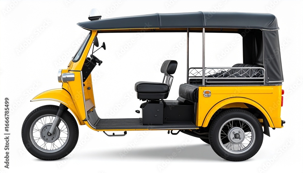 Obraz premium Small three wheeler auto rickshaw in bright yellow and black isolated on white background popular city transport vehicle