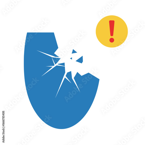 A blue shield icon is broken with cracks, accompanied by a yellow circle containing a red exclamation point, signaling a warning.