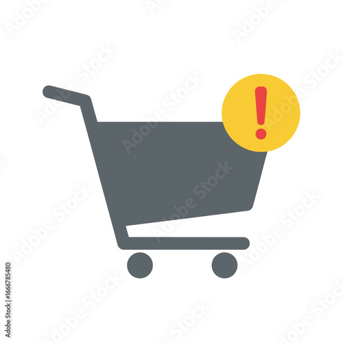 A shopping cart icon in gray with a yellow circle and red exclamation mark indicating an error or warning.