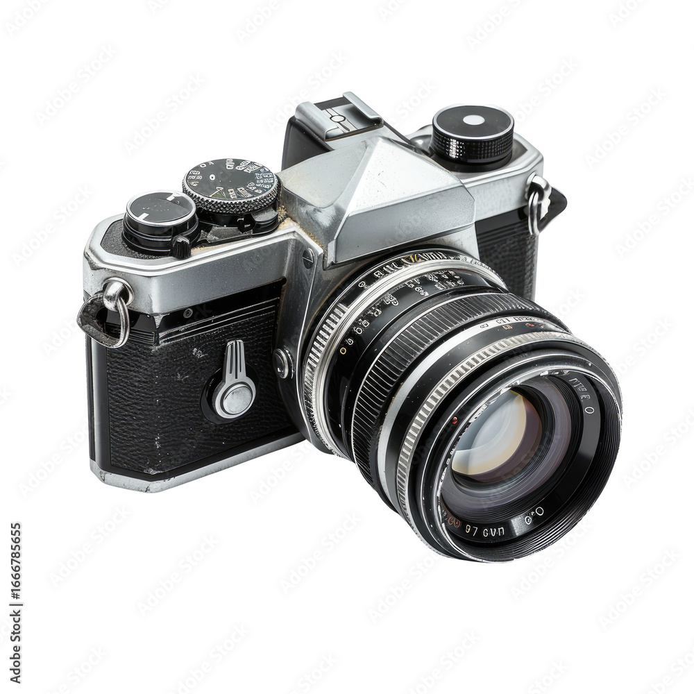 Fototapeta premium Vintage film camera, metallic, black and silver