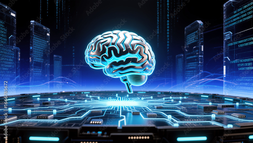 Obraz premium Artificial Intelligence and the Future A Cyberpunk Brain in a Futuristic City