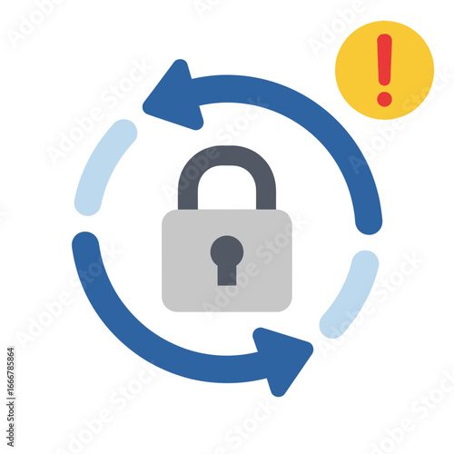 A secure, cyclical process represented by a locked padlock surrounded by rotating arrows and an alert symbol indicating a warning or notification.