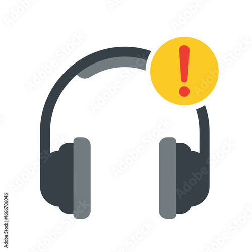 A pair of dark grey headphones with a yellow warning circle and a red exclamation mark icon.