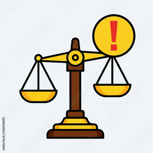 An unbalanced scale of justice with a warning exclamation mark icon on one side, representing risk, inequality, and important legal issues.