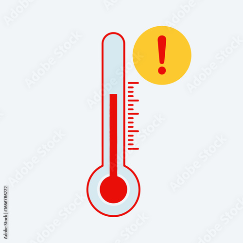 An illustration of a thermometer displaying a high temperature level, accompanied by a yellow warning exclamation mark.