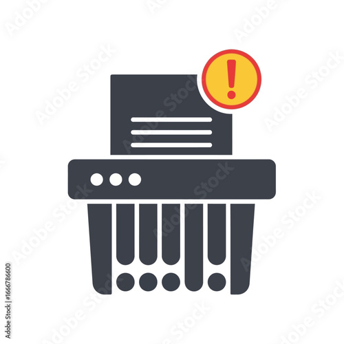 Illustration of a paper shredder with documents and a red and yellow exclamation mark icon.