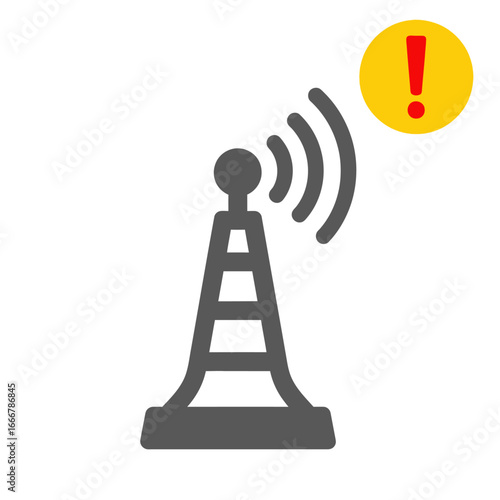 A stylized icon depicting a communication tower emitting radio waves, accompanied by a warning symbol indicating an alert or issue.