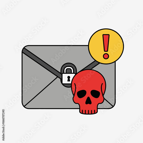 A concept of a cybersecurity threat showing a malicious email with a red skull and a warning alert icon.
