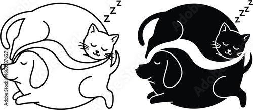 Yin yang symbol with sleeping cat and dog in black and white design