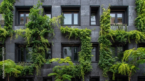 Building facade covered by green vegetation in urban area