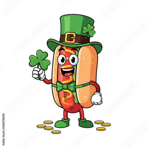 Cartoon hot dog character wearing leprechaun hat and holding shamrock isolated on transparent background