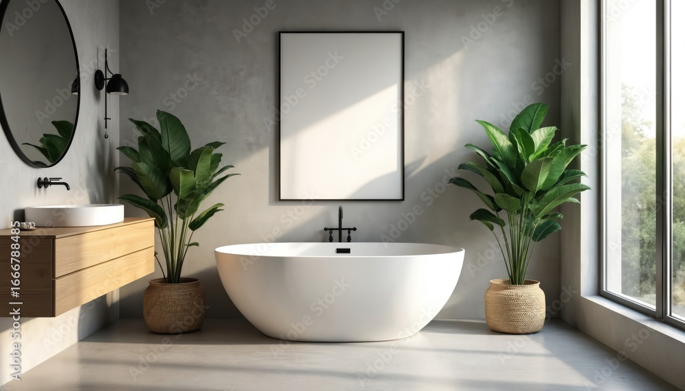 Fototapeta premium Minimalist bathroom interior with freestanding bathtub, wooden vanity, round mirror, green plants. Blank frame on textured concrete wall. Natural light streams through large window, creating serene