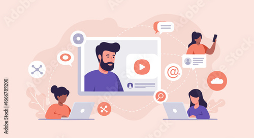  e-learning illustration showing people attending an online course