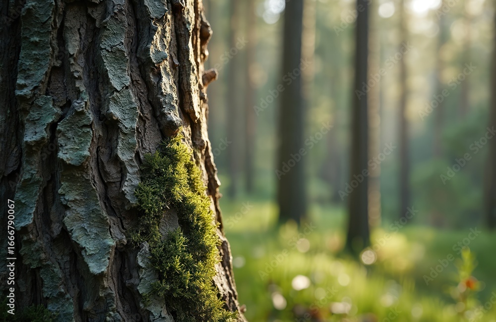 Obraz premium Close-up textured bark of spruce tree. Rough, cracked surface with moss growth. Shallow depth of field with blurred forest background. Natural organic material in brown tones.