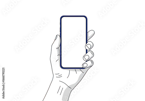 Hand holding a smartphone with a blank screen isolated on transparent background
