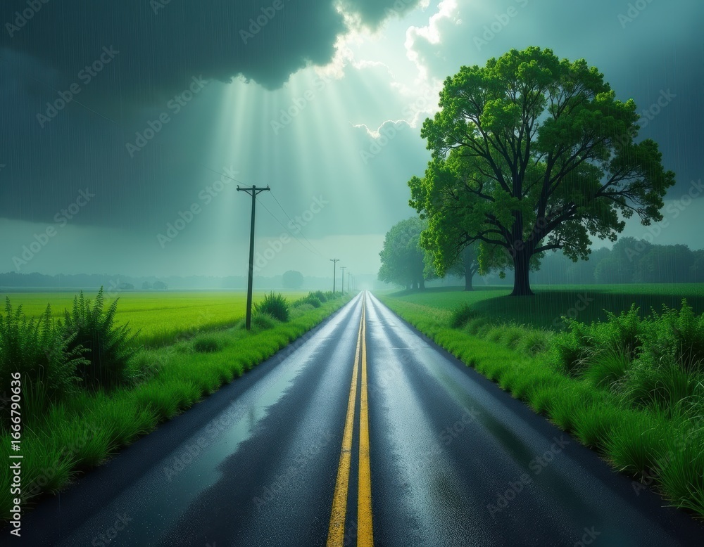 Fototapeta premium Dramatic Sun Rays Over Wet Country Road After Rain