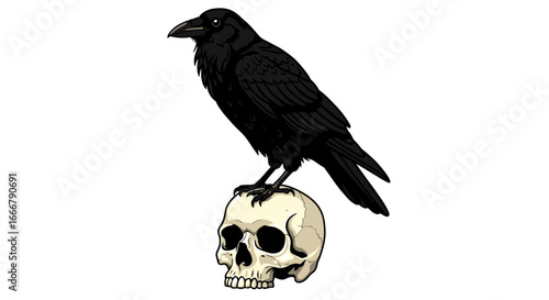 Flat Raven on Skull Illustration