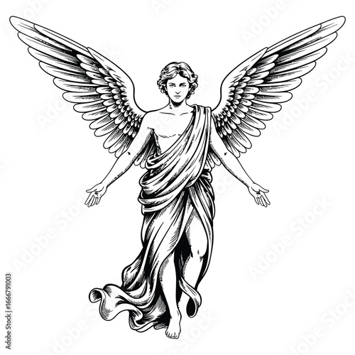 Archangel woman with wings and sword flying with a bird silhouette, a beautiful religious fantasy vector illustration for a tattoo design