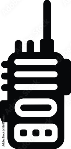 Black and white silhouette illustration of handheld walkie talkie radio device with antenna, communication tool for emergency, security, military, outdoor use