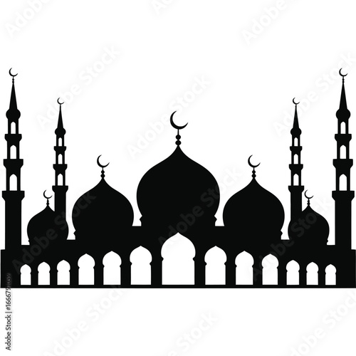 Taj Mahal vector illustration: A majestic silhouette of India's iconic marble monument, featuring its domes, minarets, and stunning architecture against the sky