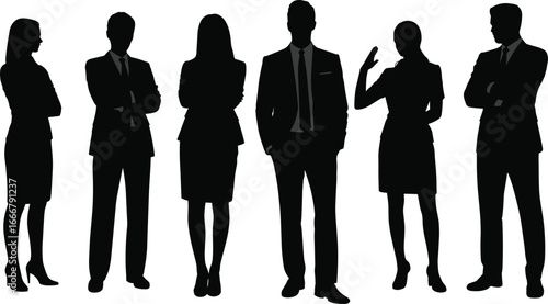 Silhouette group of business people in formal attire, teamwork concept, leadership, office collaboration, professional success, corporate communication, workplace strategy