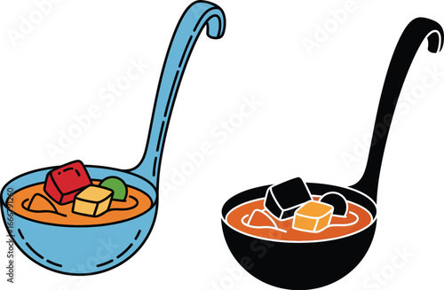 Illustration of soup ladle with soup and tofu vector design