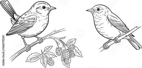 Detailed line art illustration of two songbirds sitting on tree branches with leaves and berries, nature wildlife drawing for coloring