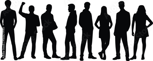 Silhouette group of diverse people standing together, teamwork, business professionals, men and women, modern lifestyle, success, unity, cooperation, collaboration, community