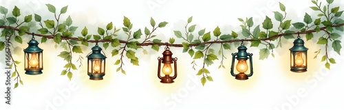 Charming string of vintage lanterns with green vines and leaves. Illuminated by warm light, these decorative lights create a romantic, cosy ambience for any garden or patio setting.