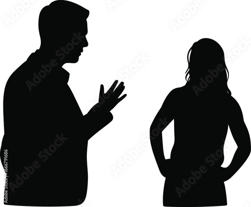 Silhouette of man and woman arguing, couple communication problem, relationship conflict, serious discussion, emotional conversation, misunderstanding, lifestyle stress, disagreement, tension