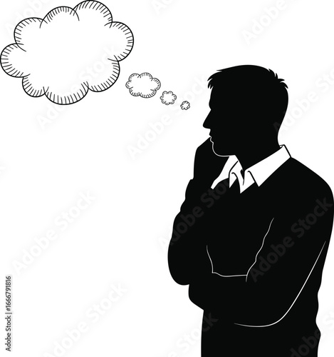 Silhouette of man thinking with thought bubble, creative idea imagination, brainstorming concept, decision making, business planning, innovation, problem solving illustration