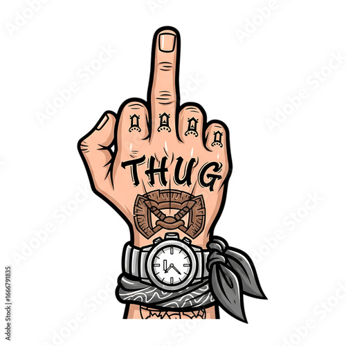 Thug life middle finger gesture with watch isolated on transparent background