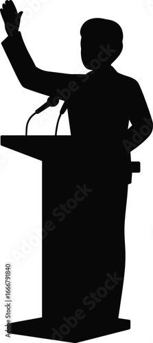 Silhouette of politician speaking at podium with microphone, giving speech presentation, public address, leadership communication, conference debate illustration isolated design