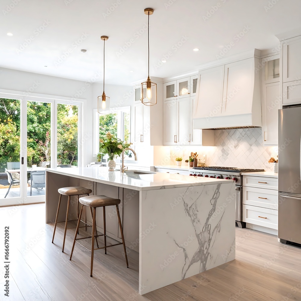 Fototapeta premium Modern white kitchen with marble island