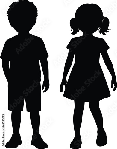 Silhouette of young boy and girl standing together, children illustration, childhood friendship, kids lifestyle, school concept, family, education, playful moments
