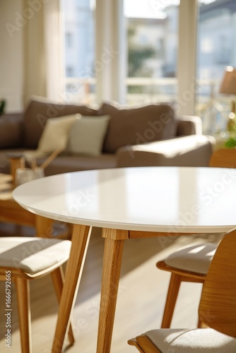 Modern dining table in bright living room