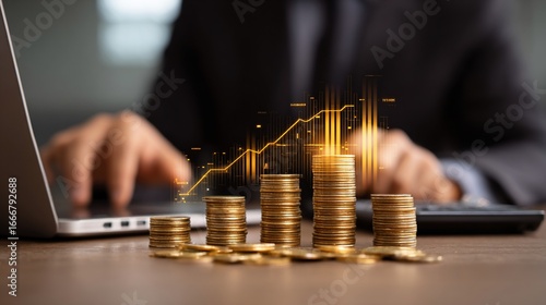 Businessman analyzing financial growth, stacks of coins with glowing upward trend, office background, investment concept